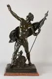 Antiek Frans figuur, Compositie metaal, Grote antieke Franse compositie metalen figuur op marmeren basement door E