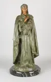 Gepatineerd beeld, schrijver, Antiek Frans figuur op zwart marmeren basement