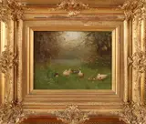 Constant Artz, Eendenfamilie in het gras, Olieverf op paneel