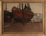 Joop Kropff, Scheepshelling Scheveningen, Olieverf op linnen