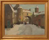 Henk van Leeuwen van Oudewater, Besneeuwde dorpsstraat, Olieverf op linnen