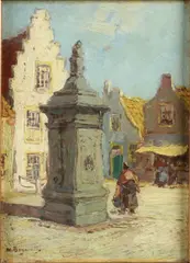 H. Bogman jr., Vrouw bij waterpomp Den Briel, Olieverf op paneel