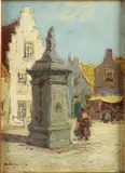 H. Bogman jr., Vrouw bij waterpomp Den Briel, Olieverf op paneel