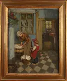 Onduid. gesig., Boeren interieur met moeder en kind