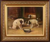 J. van Gemert, Puppies in stal, Olieverf op paneel