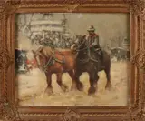 Anton Müller, Trekpaarden met ruiter op kade, Olieverf op paneel