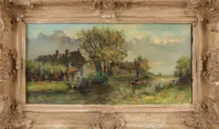 Jan J. Stap, Hollands landschap met huis en punter in vaart, Olieverf op linnen