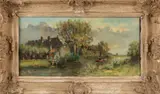 Jan J. Stap, Hollands landschap met huis en punter in vaart, Olieverf op linnen