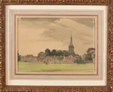 Monogram A.V., Gezicht op dorp en paard, Aquarel op papier