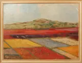 Onduidelijk gesign., Landschap met bloembollenvelden, Olieverf op linnen
