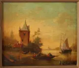 W. van Horssen, Romantisch riviergezicht, Olieverf op paneel