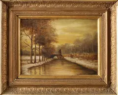 A.J. Reuvers, Winterlandschap met wandelaars, Olieverf op paneel