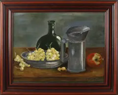 J. van Oosten, Stilleven met tin en fruit, Olieverf op paneel