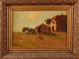 J.A.C. Barten?, Boerderij met kippen en boer, Olieverf op paneel