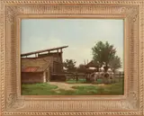 J. Schijvens, Boerenschuur met koeien, Olieverf op linnen