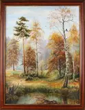 T. Cmenonob, Bosgezicht met berkenboom, Olieverf op linnen