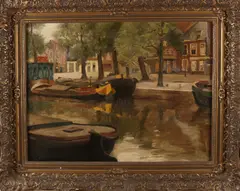 Kees Terlouw, Hollandse gracht met boten, Olieverf op linnen