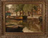 Kees Terlouw, Hollandse gracht met boten, Olieverf op linnen