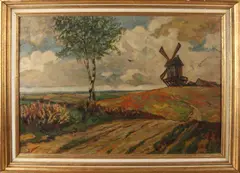 Onduidelijk gesign., Landschap met molen en berkenbomen, Olieverf op linnen