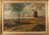 Onduidelijk gesign., Landschap met molen en berkenbomen, Olieverf op linnen