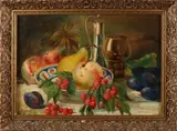 D.J. Mooy, Stilleven met glas en fruit, Olieverf op linnen