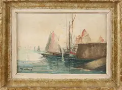 M. Catelein, Zeilboten aan kade, Olieverf op linnen