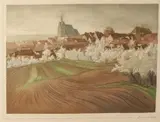 Onduidelijk gesigneerd, Dorpsgezicht, Ingekleurde ets op papier