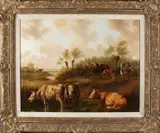 Albertus Verhoesen, Landschap met koeien, figuren ..., Olieverf op linnen