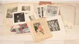 Map met diverse werken, o.a. Hoytema, Hendriks etc., Onder andere: Rembrandt radierungen, map Steinlen, 19e eeuws Japans aquarel, T