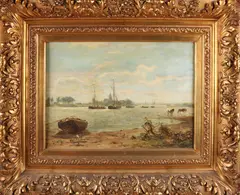 Aan de Waal by Jan F. van Deventer, Olieverf op paneel, offered Apr 2018
