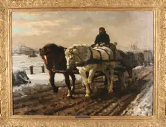 G.J. van Overbeek, Paardenwagen op kade, Olieverf op linnen
