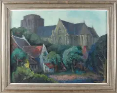 Berry Brugman, Achterhof met kerkgezicht, Olieverf op linnen