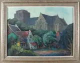 Berry Brugman, Achterhof met kerkgezicht, Olieverf op linnen