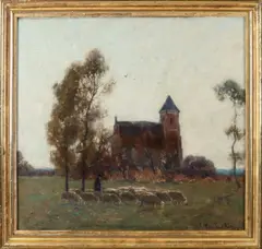 Peter Paul Müller, Landschap kerk, herder met schapen, Olieverf op linnen