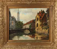 Alfons Verstraeten, Stadgezicht met gracht, Olieverf op linnen