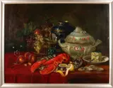 Eduard Huber, Stilleven met kreeft, fruit etc., Olieverf op linnen