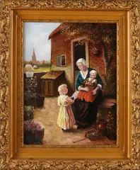 A.H. Hoffmann, Boeren achterhof met vrouw en kinderen, Olieverf op linnen