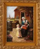 A.H. Hoffmann, Boeren achterhof met vrouw en kinderen, Olieverf op linnen
