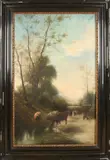 Joh. van Hast, Landschap met koeien bij drenkplaats, Olieverf op linnen