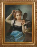 J. Bartoth, Jong Duits meisje met klederdracht en spiegel, Pastel op papier