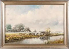 Gert-Jan Veenstra, Hollands landschap met koeien, Olieverf op linnen