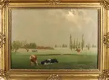 J. v.d. Kolk, Koeien in ochtendnevel, Olieverf op linnen