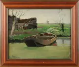J.C. Roelandse, Roeiboot in poldersloot, Olieverf op linnen