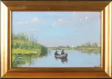 Johannes Ates, Figuren in roeiboot in zonnig landschap, Olieverf op linnen