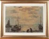 J. Le Blanc & A. Terhell, Visservrouwen met platbodems.., Aquarel op papier