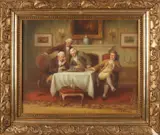 C. A. Landwehr, 18e Eeuws interieur met schaakspelende heren, Olieverf op paneel