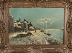 G. Philippe, Besneeuwd havengezicht bij maanlicht, Olieverf op linnen