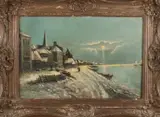 G. Philippe, Besneeuwd havengezicht bij maanlicht, Olieverf op linnen