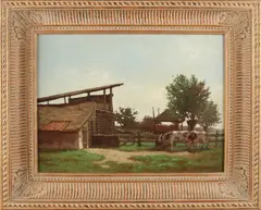 J. Schijvens, Boerenschuur met koeien, Olieverf op linnen