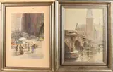 Twee gesigneerde Duitse schilderijen, 'Winterstadsgezicht' + H. Fischer, 'Marktgezicht'., Aquarel op papier